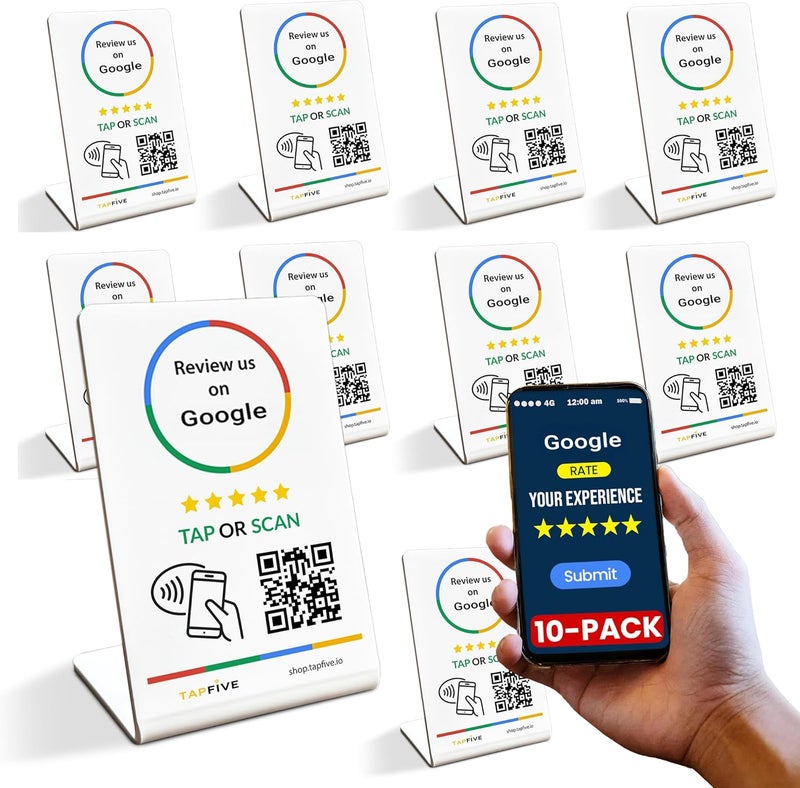 TapFive Google Review Stand Compatible with Google Reviews - Tap for Instant Reviews - All Phones Compatible - Reusable Smart Tap NFC & QR - Boost Business Reviews - Zappy Fast (White, 10-Pack) - Image 1